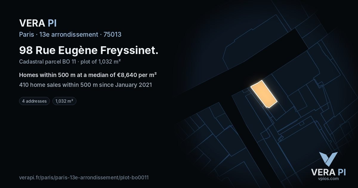 98 Rue Eugène Freyssinet, 13e arrondissement at night – the plot lit, the parcels around coloured by the prices near them