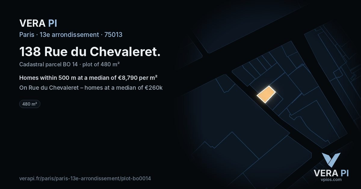 138 Rue du Chevaleret, 13e arrondissement at night – the plot lit, the parcels around coloured by the prices near them