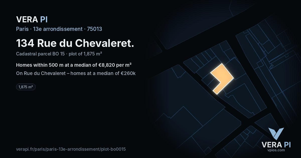 134 Rue du Chevaleret, 13e arrondissement at night – the plot lit, the parcels around coloured by the prices near them