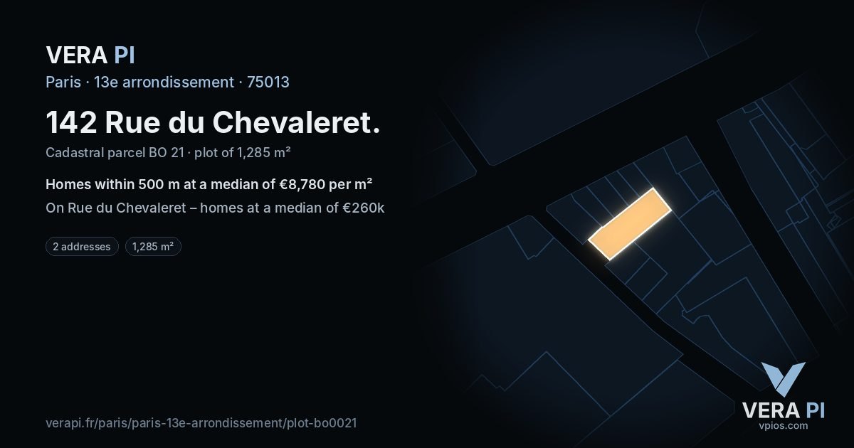 142 Rue du Chevaleret, 13e arrondissement at night – the plot lit, the parcels around coloured by the prices near them