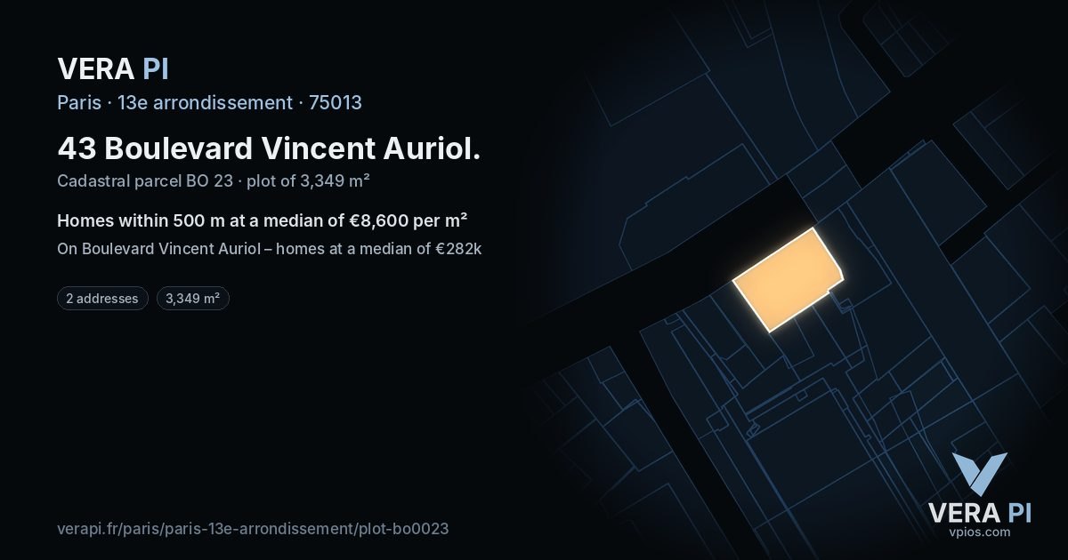 43 Boulevard Vincent Auriol, 13e arrondissement at night – the plot lit, the parcels around coloured by the prices near them