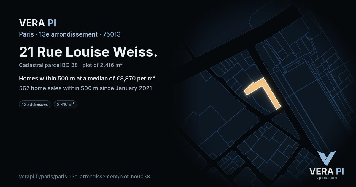 21 Rue Louise Weiss, 13e arrondissement at night – the plot lit, the parcels around coloured by the prices near them