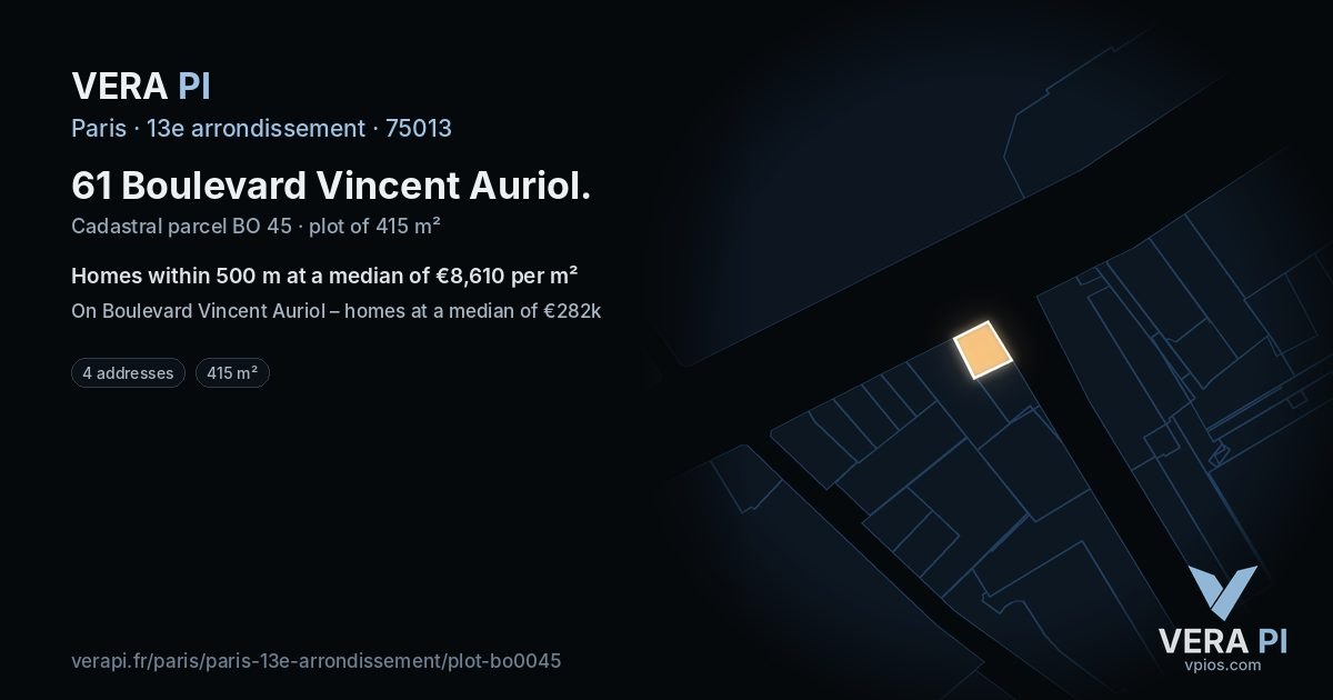 61 Boulevard Vincent Auriol, 13e arrondissement at night – the plot lit, the parcels around coloured by the prices near them