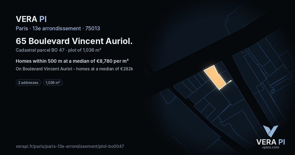 65 Boulevard Vincent Auriol, 13e arrondissement at night – the plot lit, the parcels around coloured by the prices near them