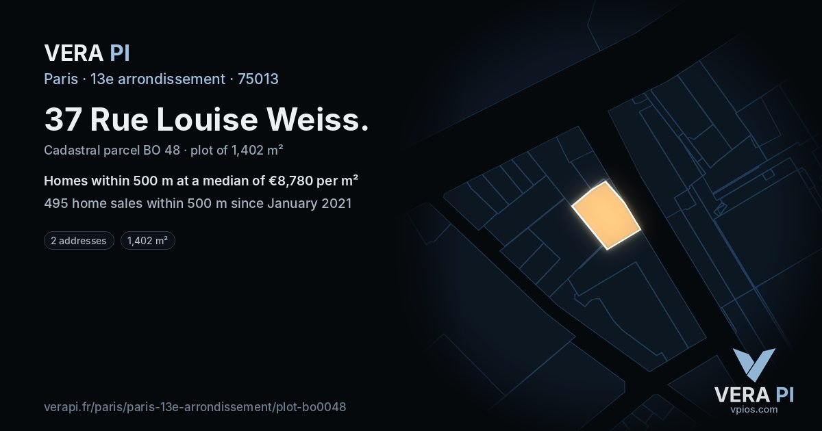 37 Rue Louise Weiss, 13e arrondissement at night – the plot lit, the parcels around coloured by the prices near them