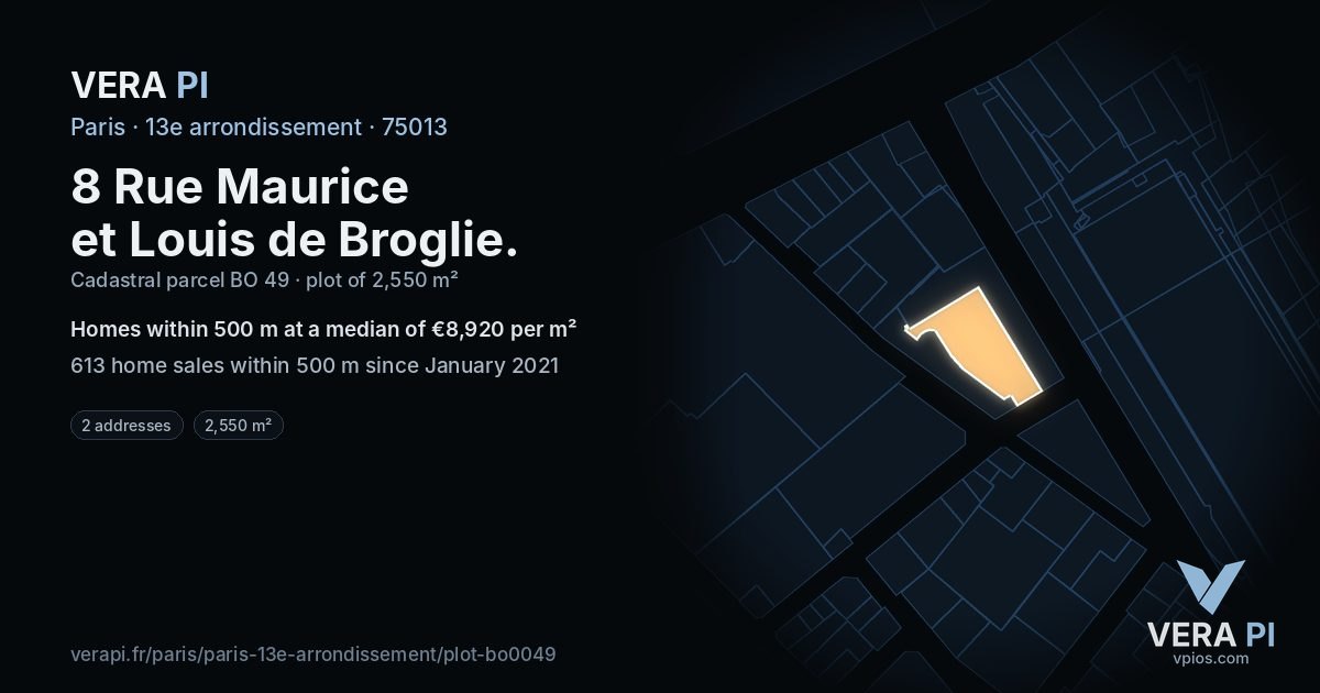 8 Rue Maurice et Louis de Broglie, 13e arrondissement at night – the plot lit, the parcels around coloured by the prices near them