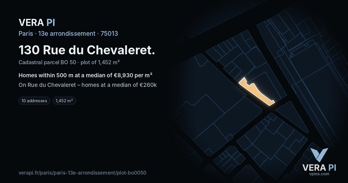 130 Rue du Chevaleret, 13e arrondissement at night – the plot lit, the parcels around coloured by the prices near them