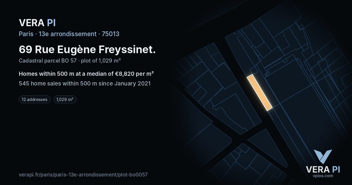 69 Rue Eugène Freyssinet, 13e arrondissement at night – the plot lit, the parcels around coloured by the prices near them
