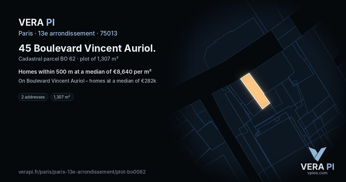 45 Boulevard Vincent Auriol, 13e arrondissement at night – the plot lit, the parcels around coloured by the prices near them