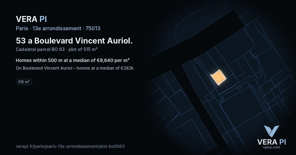 53 a Boulevard Vincent Auriol, 13e arrondissement at night – the plot lit, the parcels around coloured by the prices near them