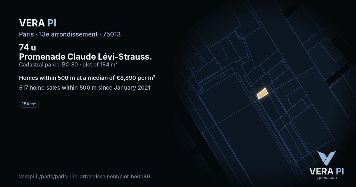 74 u Promenade Claude Lévi-Strauss, 13e arrondissement at night – the plot lit, the parcels around coloured by the prices near them