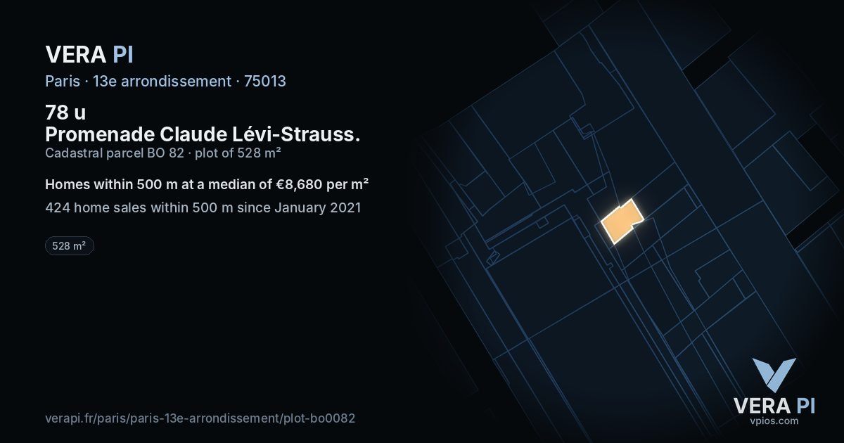 78 u Promenade Claude Lévi-Strauss, 13e arrondissement at night – the plot lit, the parcels around coloured by the prices near them
