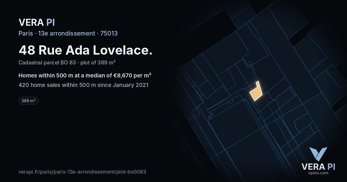 48 Rue Ada Lovelace, 13e arrondissement at night – the plot lit, the parcels around coloured by the prices near them