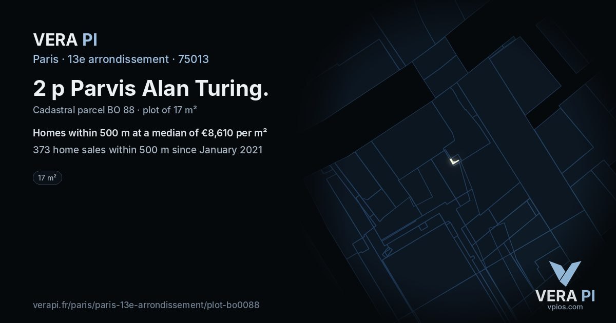 2 p Parvis Alan Turing, 13e arrondissement at night – the plot lit, the parcels around coloured by the prices near them