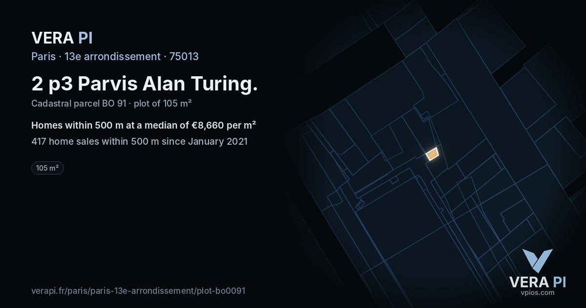 2 p3 Parvis Alan Turing, 13e arrondissement at night – the plot lit, the parcels around coloured by the prices near them