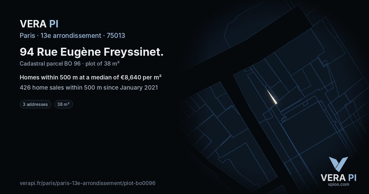 94 Rue Eugène Freyssinet, 13e arrondissement at night – the plot lit, the parcels around coloured by the prices near them