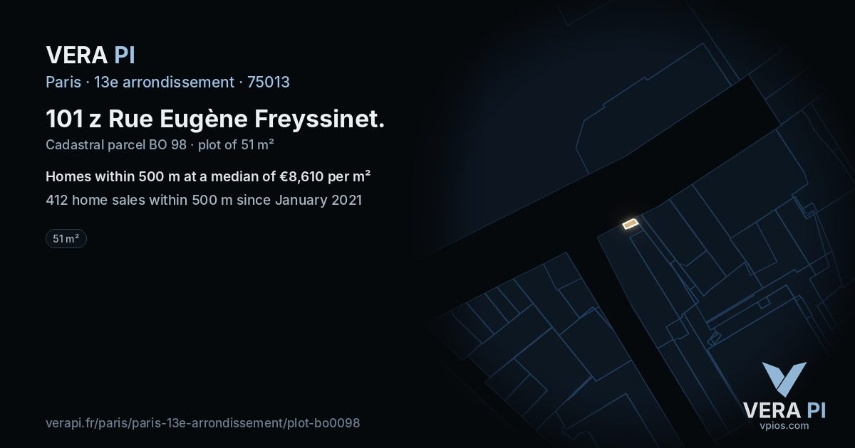 101 z Rue Eugène Freyssinet, 13e arrondissement at night – the plot lit, the parcels around coloured by the prices near them