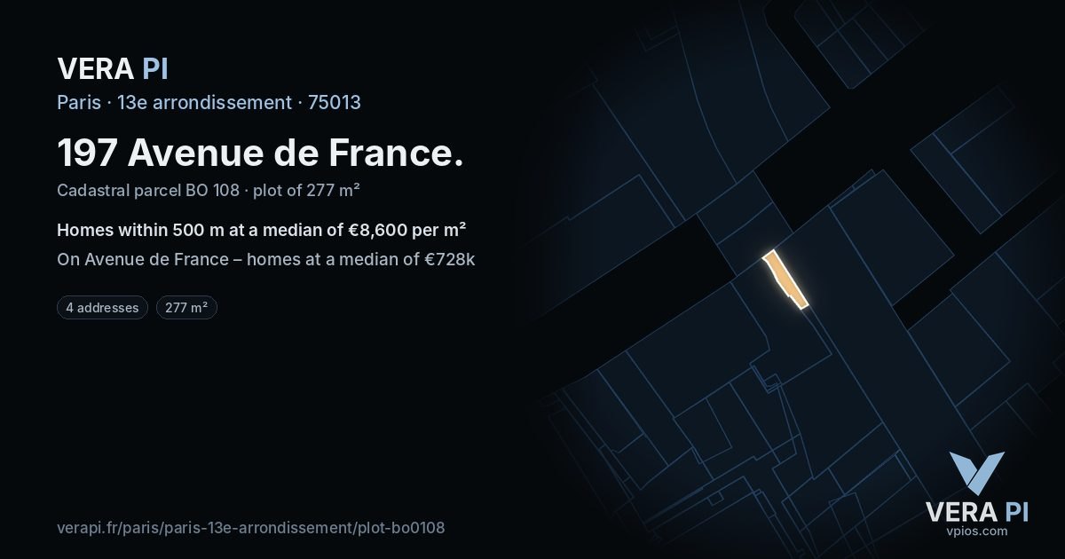 197 Avenue de France, 13e arrondissement at night – the plot lit, the parcels around coloured by the prices near them
