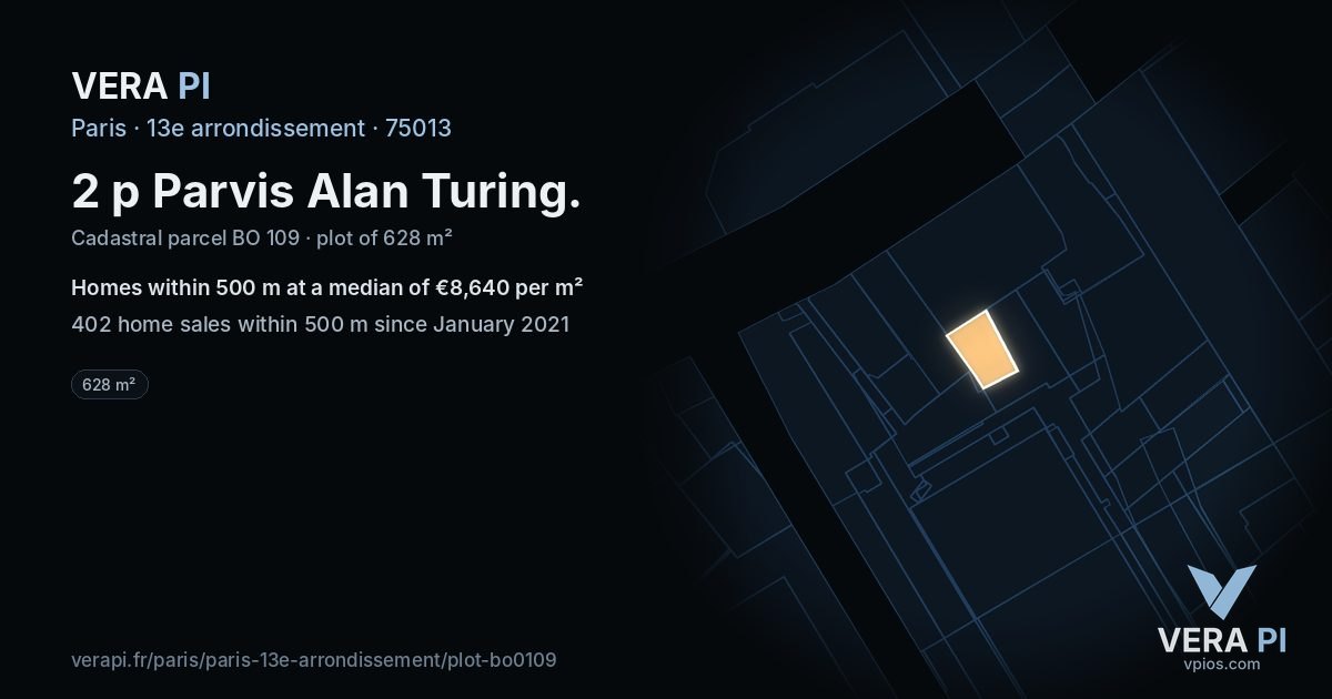 2 p Parvis Alan Turing, 13e arrondissement at night – the plot lit, the parcels around coloured by the prices near them