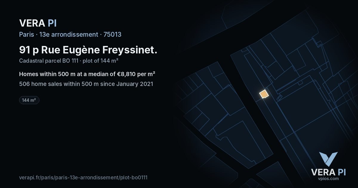 91 p Rue Eugène Freyssinet, 13e arrondissement at night – the plot lit, the parcels around coloured by the prices near them