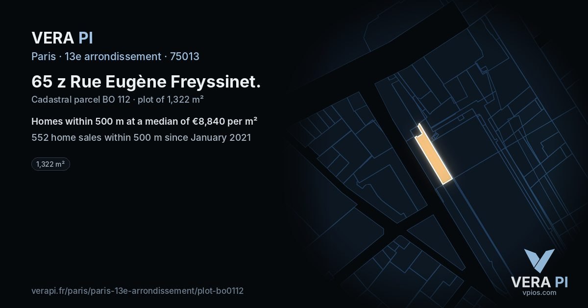 65 z Rue Eugène Freyssinet, 13e arrondissement at night – the plot lit, the parcels around coloured by the prices near them