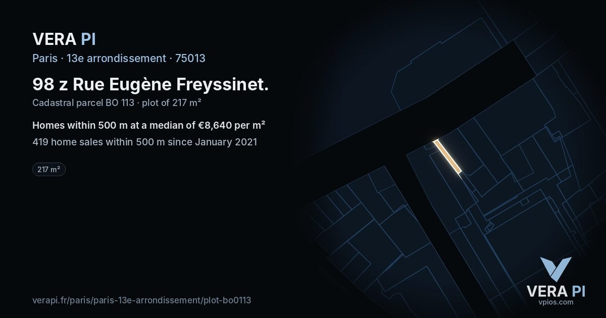 98 z Rue Eugène Freyssinet, 13e arrondissement at night – the plot lit, the parcels around coloured by the prices near them