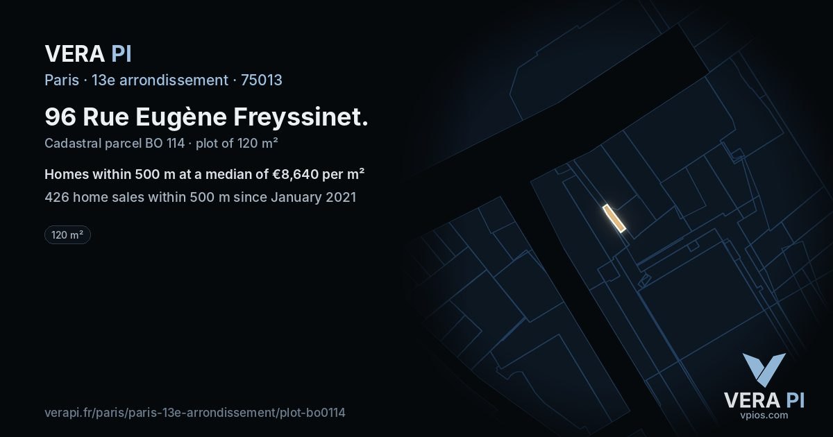 96 Rue Eugène Freyssinet, 13e arrondissement at night – the plot lit, the parcels around coloured by the prices near them