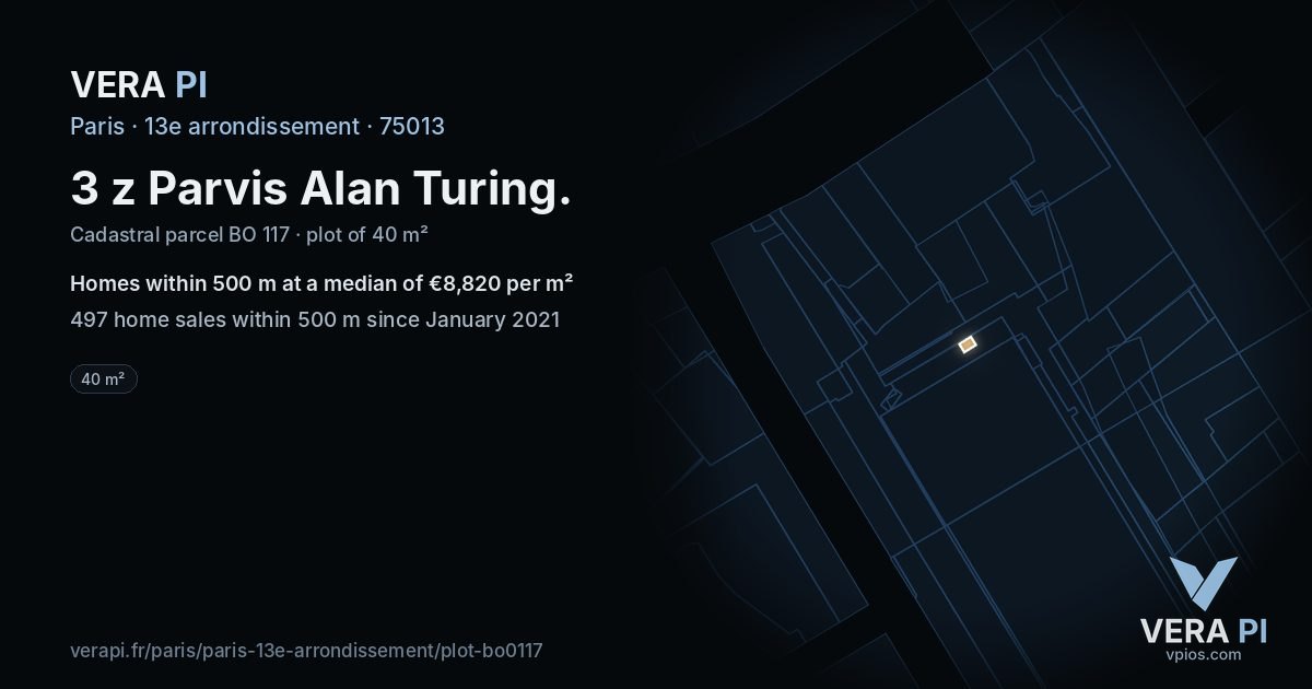 3 z Parvis Alan Turing, 13e arrondissement at night – the plot lit, the parcels around coloured by the prices near them