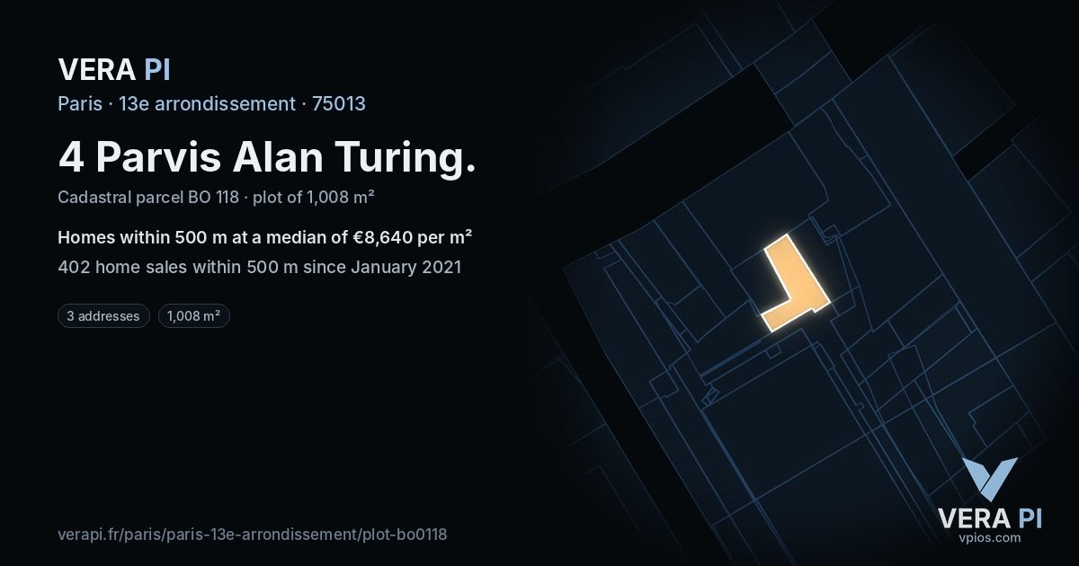 4 Parvis Alan Turing, 13e arrondissement at night – the plot lit, the parcels around coloured by the prices near them