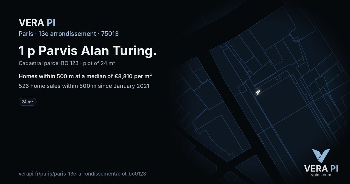 1 p Parvis Alan Turing, 13e arrondissement at night – the plot lit, the parcels around coloured by the prices near them