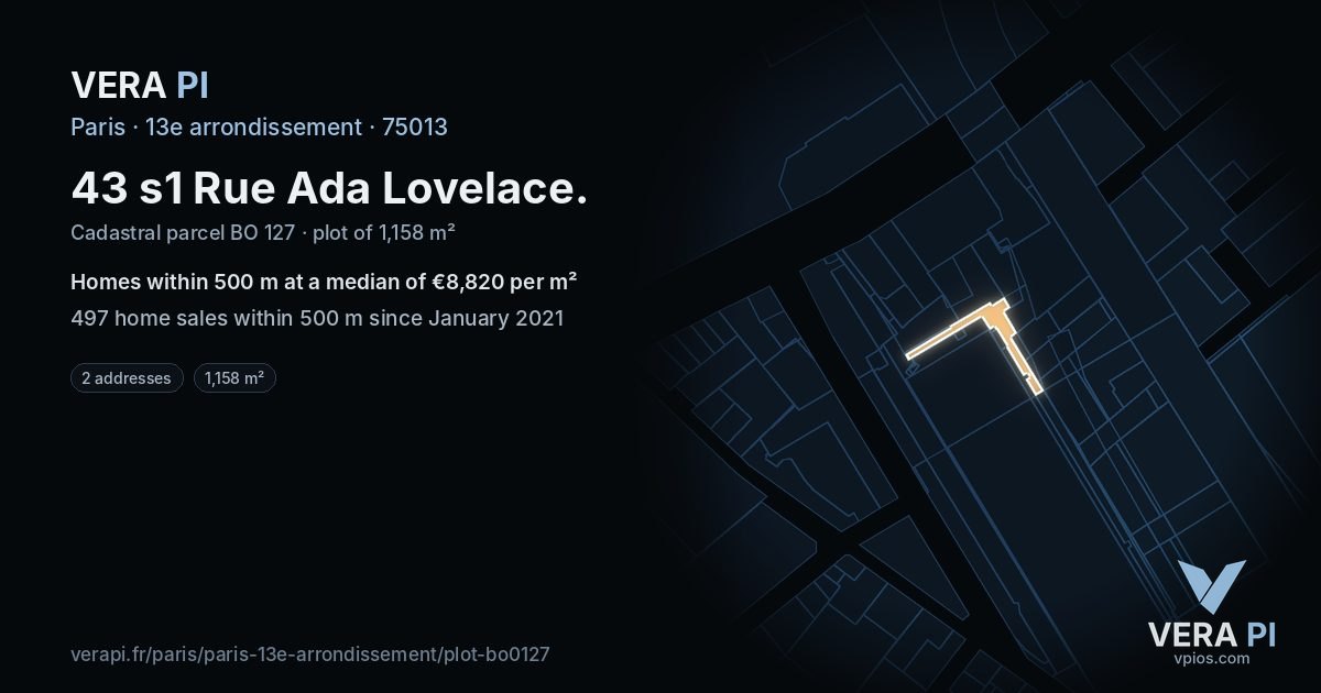 43 s1 Rue Ada Lovelace, 13e arrondissement at night – the plot lit, the parcels around coloured by the prices near them