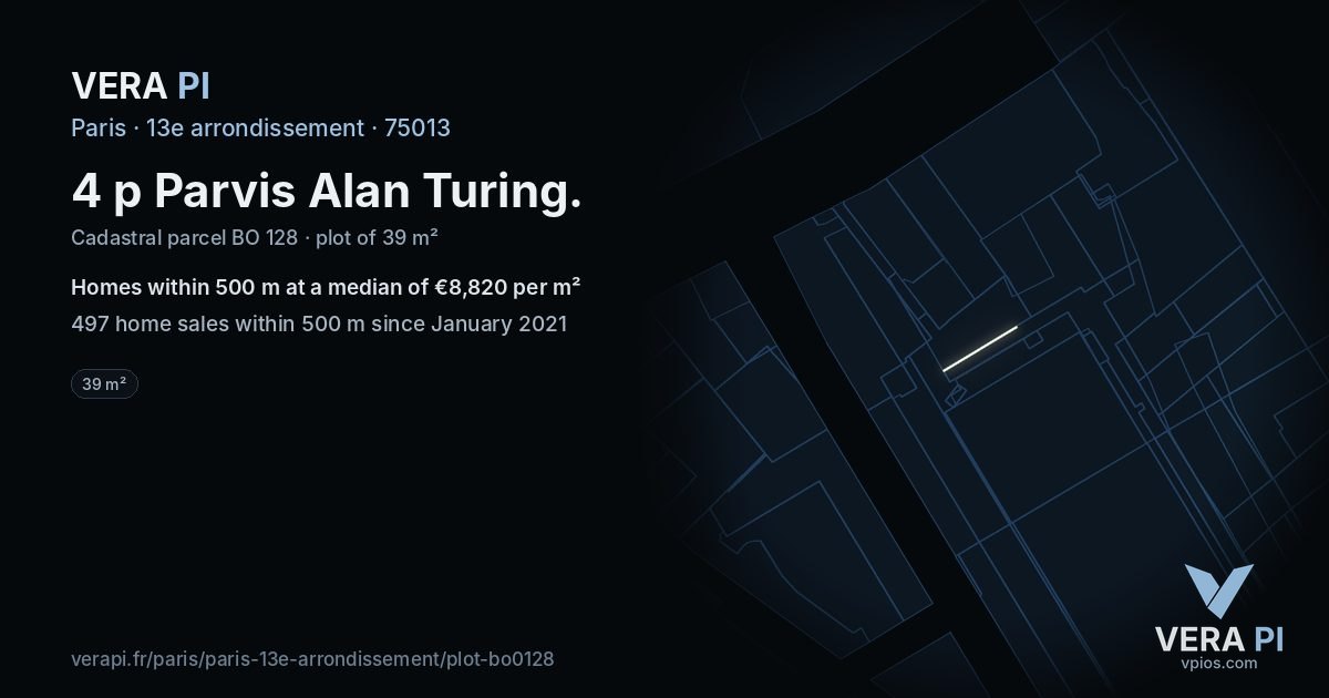 4 p Parvis Alan Turing, 13e arrondissement at night – the plot lit, the parcels around coloured by the prices near them