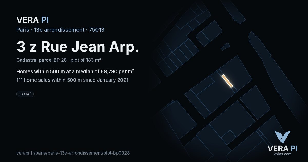 3 z Rue Jean Arp, 13e arrondissement at night – the plot lit, the parcels around coloured by the prices near them