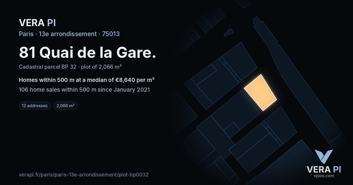 81 Quai de la Gare, 13e arrondissement at night – the plot lit, the parcels around coloured by the prices near them