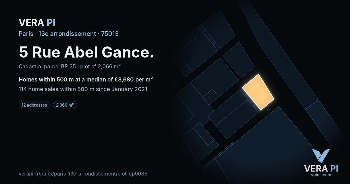 5 Rue Abel Gance, 13e arrondissement at night – the plot lit, the parcels around coloured by the prices near them