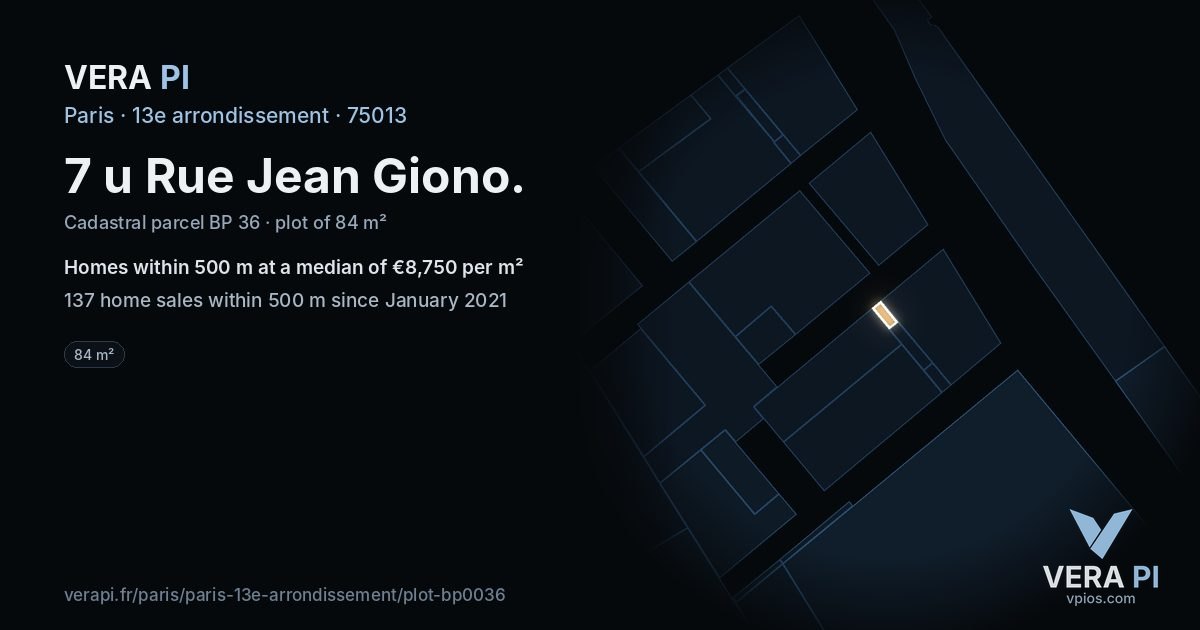 7 u Rue Jean Giono, 13e arrondissement at night – the plot lit, the parcels around coloured by the prices near them