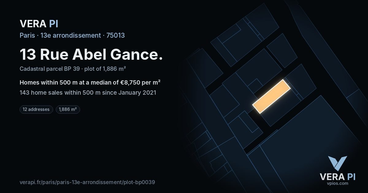 13 Rue Abel Gance, 13e arrondissement at night – the plot lit, the parcels around coloured by the prices near them