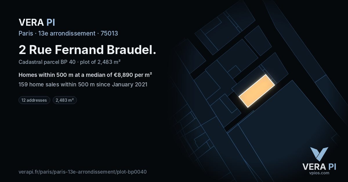 2 Rue Fernand Braudel, 13e arrondissement at night – the plot lit, the parcels around coloured by the prices near them