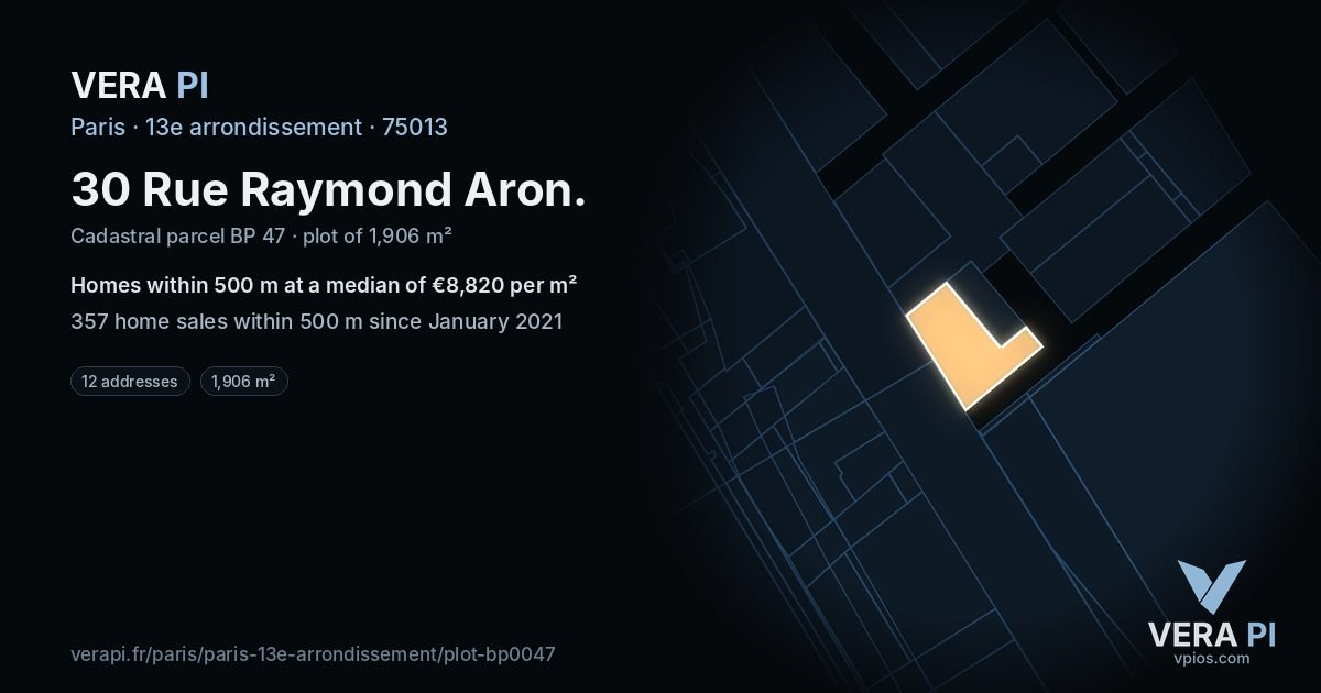 30 Rue Raymond Aron, 13e arrondissement at night – the plot lit, the parcels around coloured by the prices near them