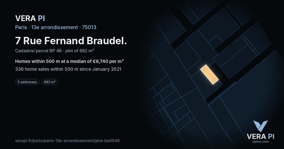 7 Rue Fernand Braudel, 13e arrondissement at night – the plot lit, the parcels around coloured by the prices near them
