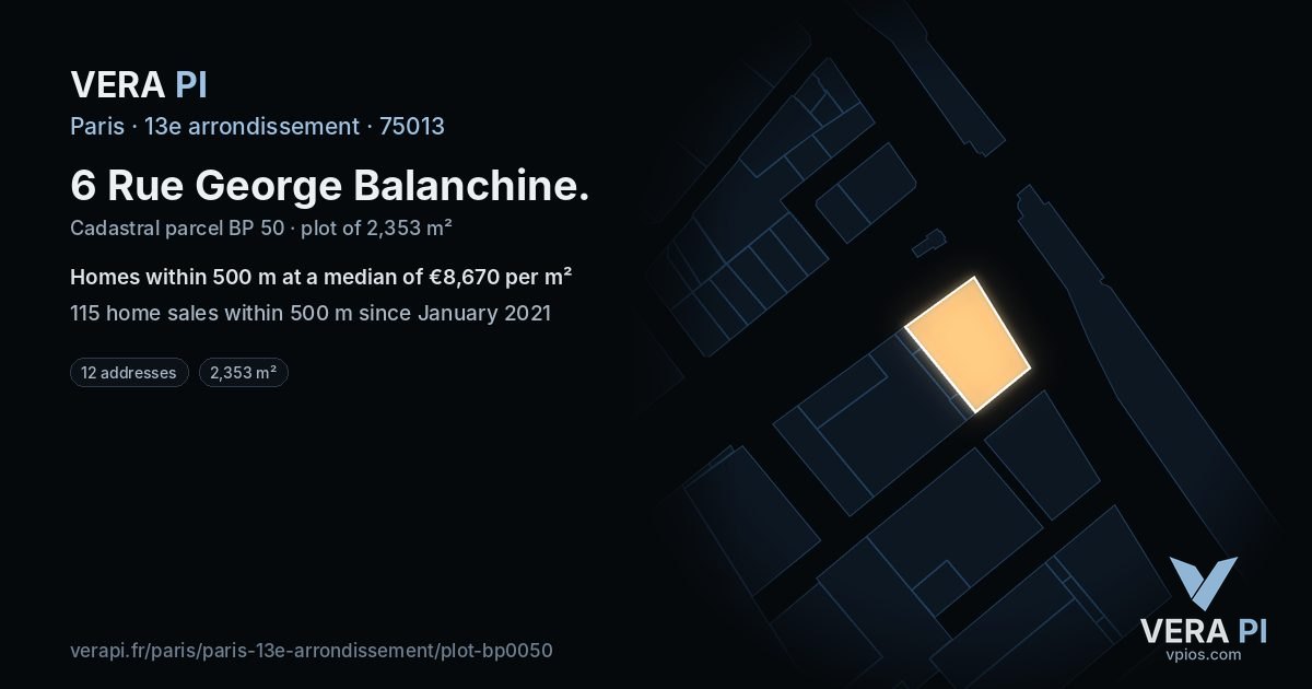 6 Rue George Balanchine, 13e arrondissement at night – the plot lit, the parcels around coloured by the prices near them