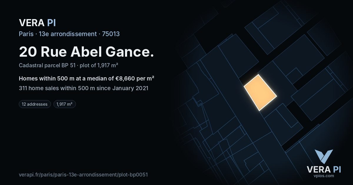 20 Rue Abel Gance, 13e arrondissement at night – the plot lit, the parcels around coloured by the prices near them