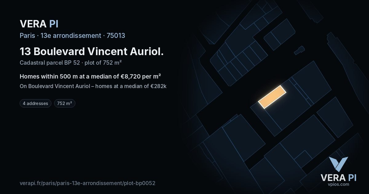 13 Boulevard Vincent Auriol, 13e arrondissement at night – the plot lit, the parcels around coloured by the prices near them