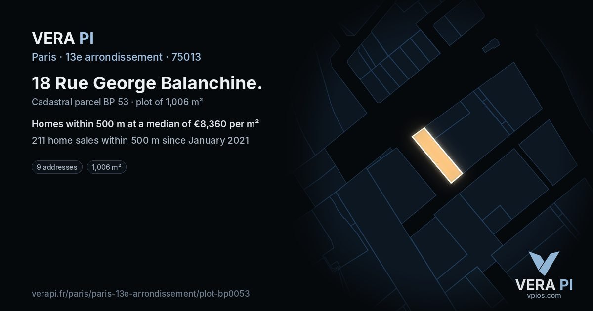 18 Rue George Balanchine, 13e arrondissement at night – the plot lit, the parcels around coloured by the prices near them