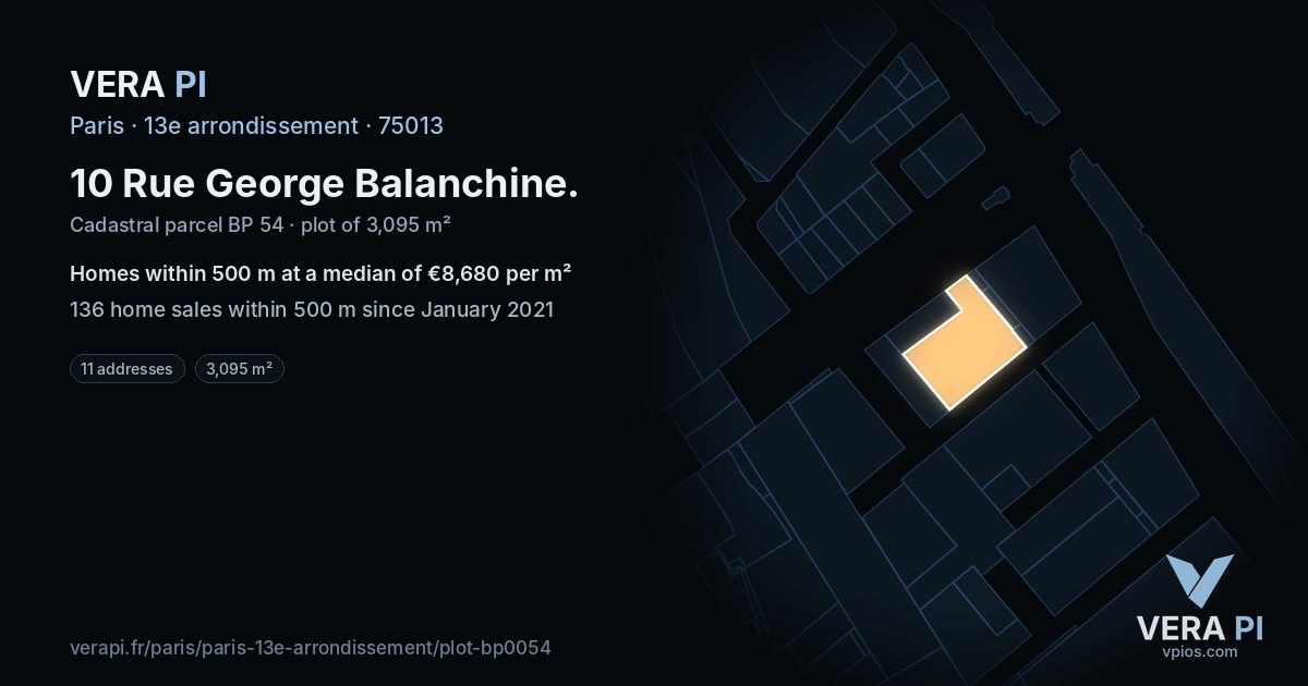 10 Rue George Balanchine, 13e arrondissement at night – the plot lit, the parcels around coloured by the prices near them