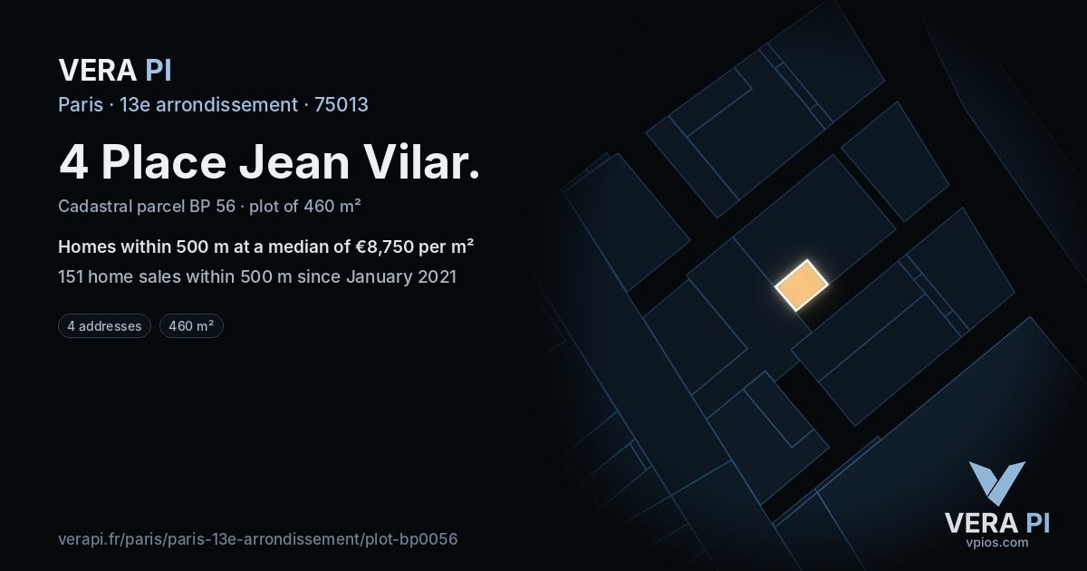 4 Place Jean Vilar, 13e arrondissement at night – the plot lit, the parcels around coloured by the prices near them