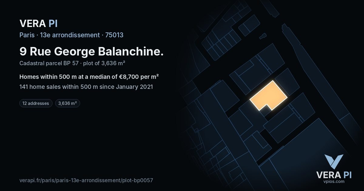 9 Rue George Balanchine, 13e arrondissement at night – the plot lit, the parcels around coloured by the prices near them