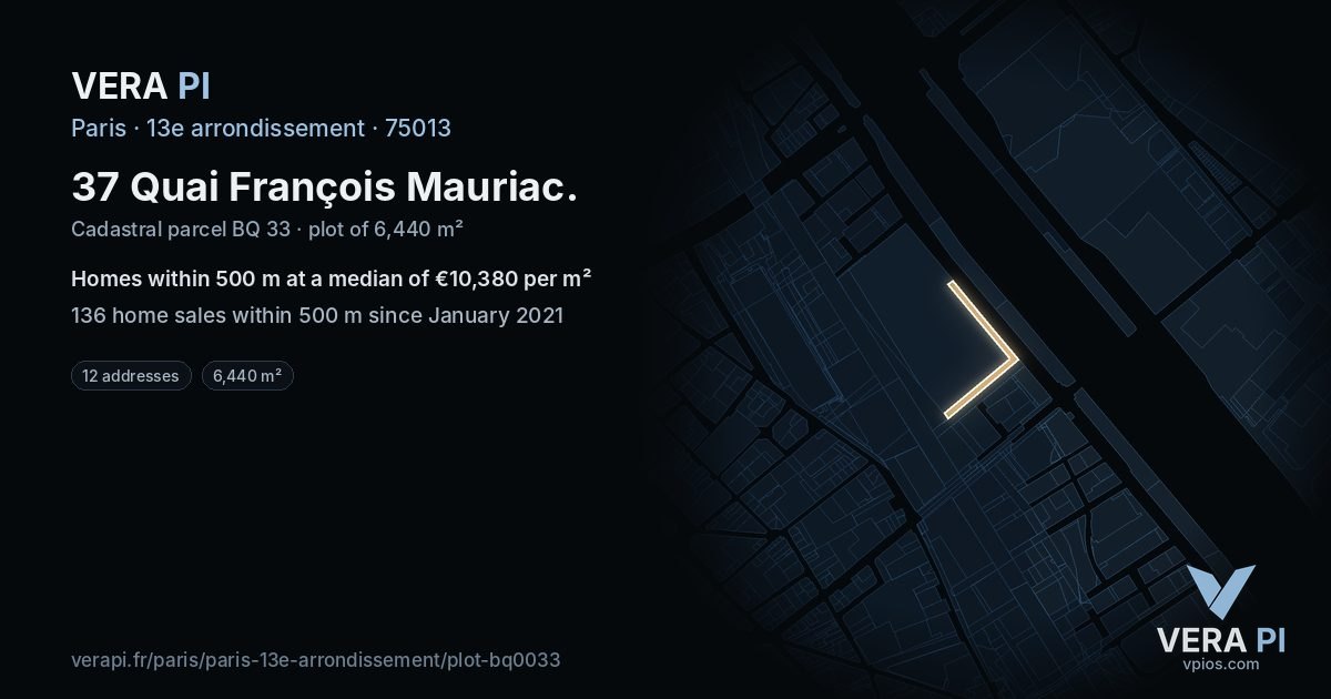 37 Quai François Mauriac, 13e arrondissement at night – the plot lit, the parcels around coloured by the prices near them