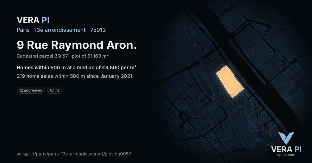 9 Rue Raymond Aron, 13e arrondissement at night – the plot lit, the parcels around coloured by the prices near them