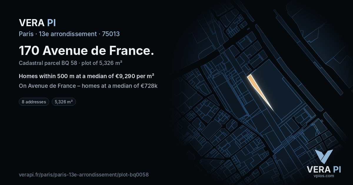 170 Avenue de France, 13e arrondissement at night – the plot lit, the parcels around coloured by the prices near them